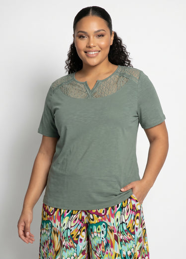T-shirt coton maille flammée dentelle Kaki