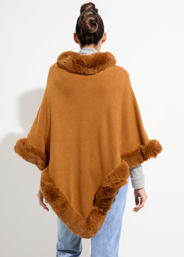 Poncho cape, bord fourrure ton sur ton Camel