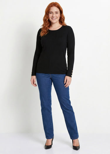 Pull doux côtelé court col rond côtes plates Noir