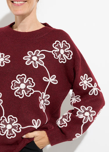 Pull montant application fleurs brodées Bordeaux
