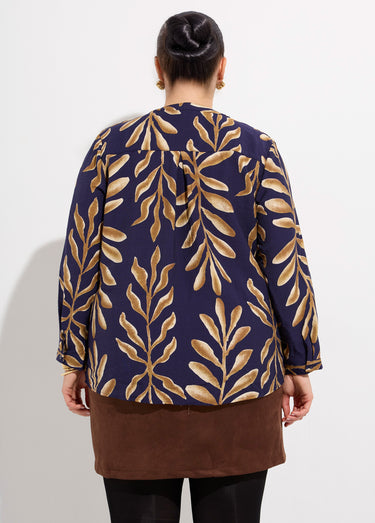 Tunique col V boutonné, motif feuilles Marine/Beige