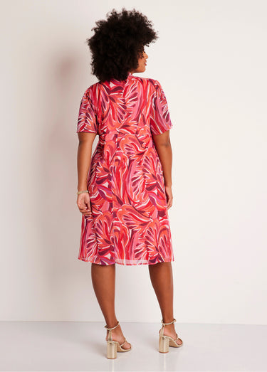 Robe courte évasée motif feuilles Fuchsia/Rose