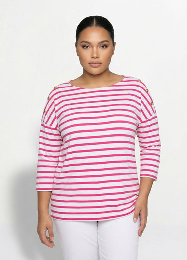 T-shirt marinière rayé manches 3/4 Blanc/Fuchsia