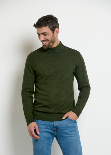 Pull chiné col montant fines côtes Vert Bouteille