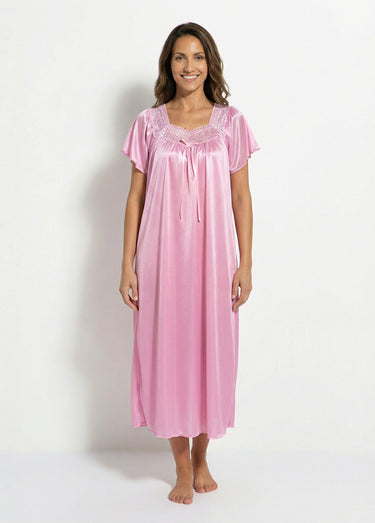 Chemise de nuit satinée longue antistatique dentelle Rose