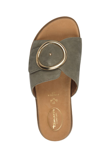 Mules bride cuir velours avec boucle métal Kaki