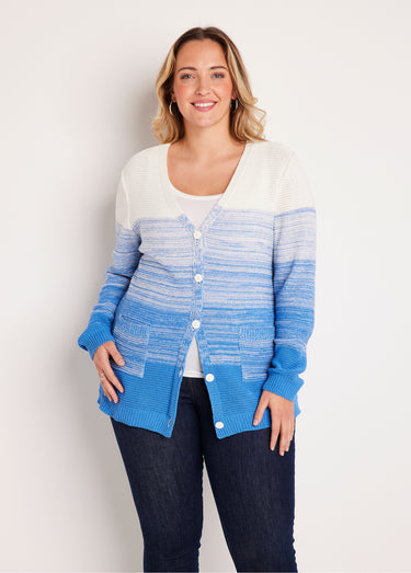 Gilet long col V boutonné coton Blanc/Bleu