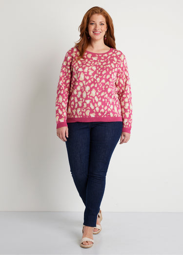 Pull motif léopard col rond Rose