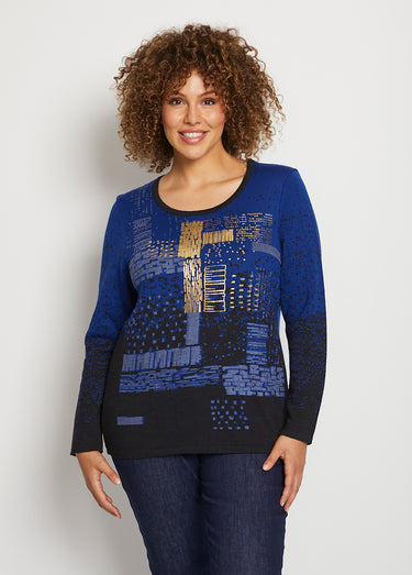 Pull chaud laine mérinos jacquard col rond Noir/Bleu