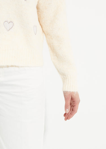 Pull col rond coeurs rayés avec laine Ecru