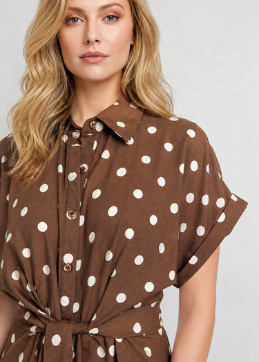 Robe longue à pois, manches courtes Chocolat/écru
