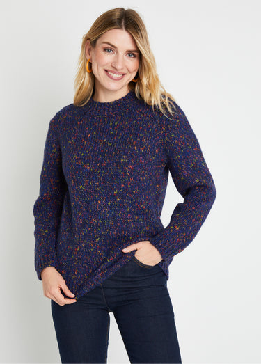 Pull chaud mouliné col rond avec laine et mohair Marine/Fuchsia
