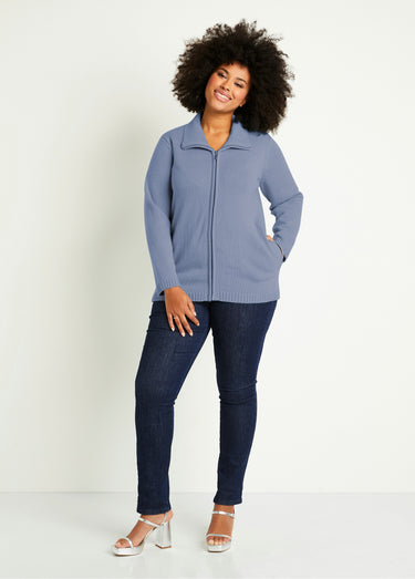 Gilet zippé long uni col montant Ciel