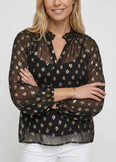 Blouse voile motifs métallisés encolure V Noir