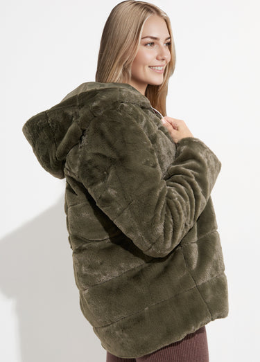 Blouson déperlant / fourrure, réversible Kaki