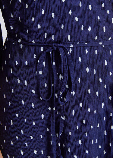 Robe mi longue cache-coeur pois Marine / Blanc