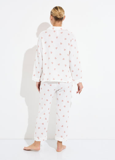 Pyjama long en gaze de coton motif cœurs Blanc