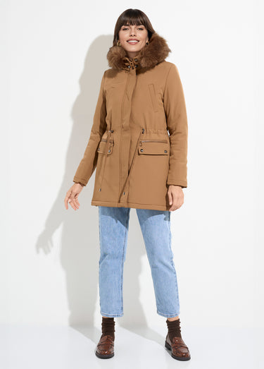 Parka chaude fourrure capuche amovible Camel