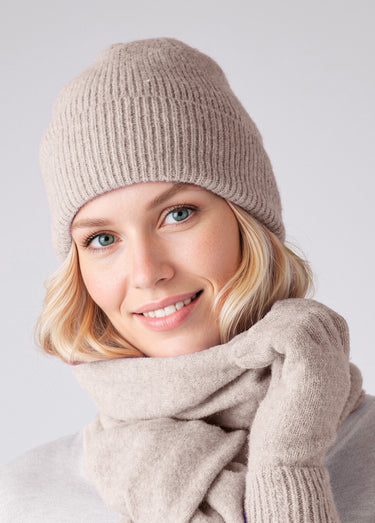 Bonnet chaud maille côtelée avec laine Beige Chine