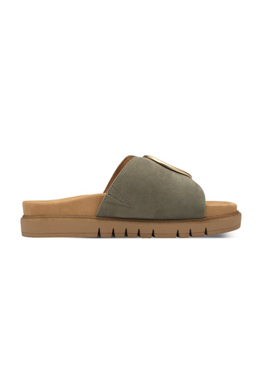 Mules bride cuir velours avec boucle métal Kaki