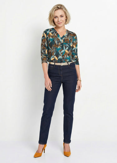T-shirt long col V évasé manches longues Canard/Miel
