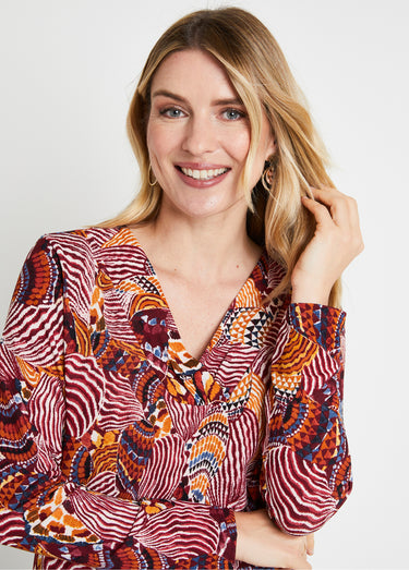 T-shirt court col croisé imprimé patchwork Bordeaux/Miel