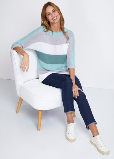 Pull rayé manches 3/4 point mousse Aqua/Gris
