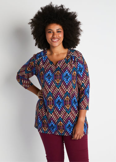 T-shirt long évasé manches 3/4 col rond Bleu/Cassis