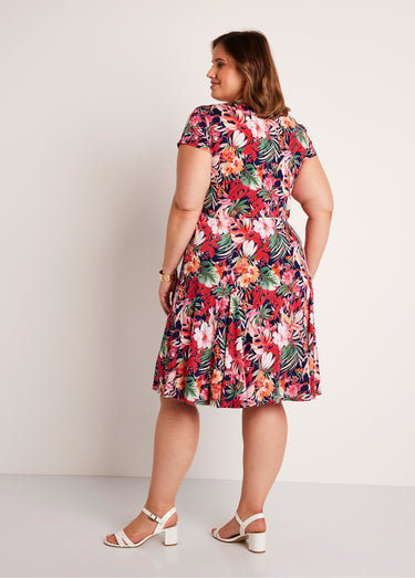 Robe mi-longue évasée col V Imp Fuchsia