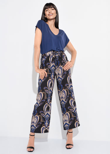 Pantalon élastiqué ample motif cachemire Marine