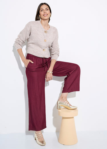 Pantalon fluide élastiqué twill uni Bordeaux
