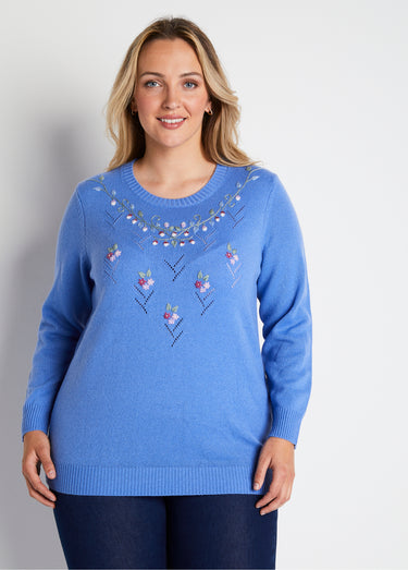 Pull doux uni brodé ajouré col rond Bleu