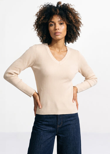 Pull fin uni maille côtelée col V Beige