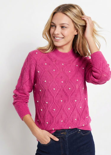 Pull doux ajouré perlé col montant Rose