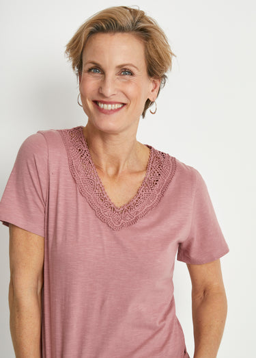 T-shirt manches courtes coton et macramé Rose