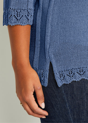 Cardigan boutonnée long ajouré Bleu