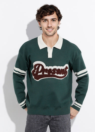 Pull col polo message maille bouclette Vert