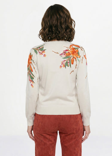 Pull chaud col rond imprimé floral manches longues Beige