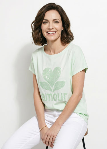 T-shirt col rond motif pailleté Amour Vert