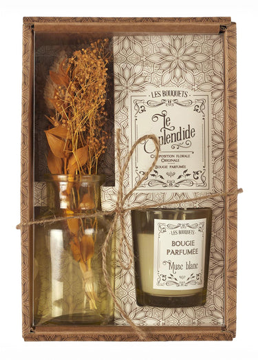 Coffret bougie parfumée + fleurs séchées bouquet Blanc