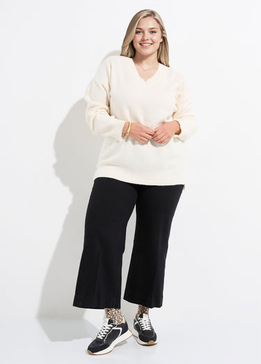 Pull tunique maille fantaisie, col V Ecru