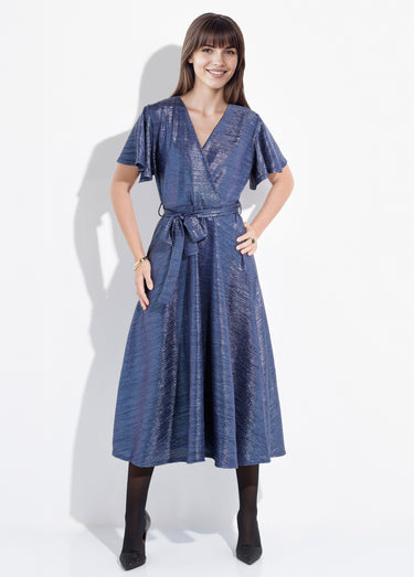 Robe longue brillante, manches papillon Bleu Nuit