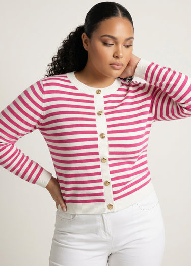 Gilet cardigan court col rond rayé boutonné Raye Fuchsia
