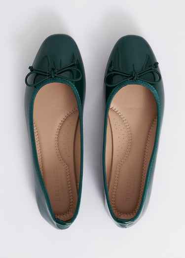 Ballerines vernies plates, petit noeud Vernis Vert