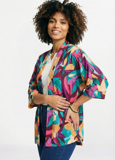 Veste longue ample motif floral Violet/Bleu