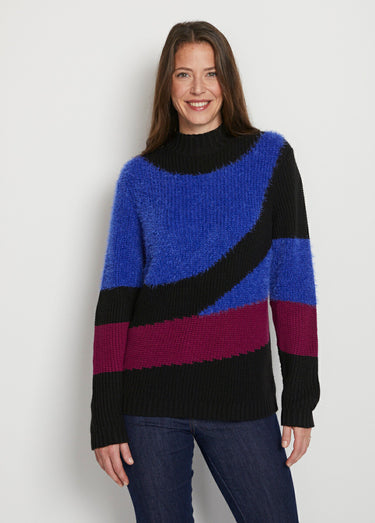 Pull graphique mailles perlée et poilue Bleu/Fuchsia