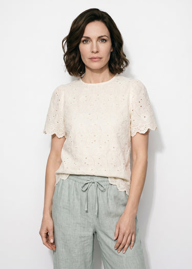 Blouse broderie anglaise à col rond Blanc