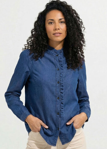 Chemisier col volanté en denim léger Bleu denim