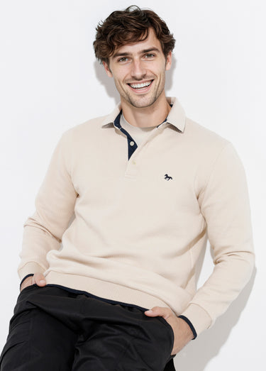 Pull maille fantaisie, col polo boutonné Beige