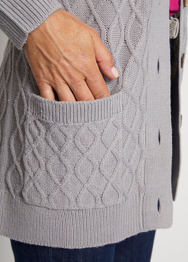 Gilet long boutonné torsades col V Gris
